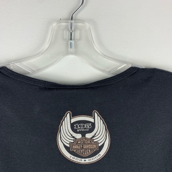 Harley Davidson Black 105 Years Rhinestone Logo Short Sleeve Baby Fit T-Shirt - Picture 5 of 6